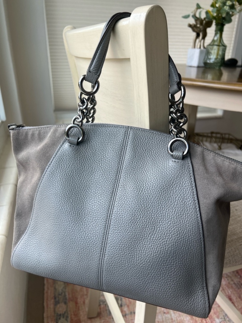 Coach -Gray Pebbled Leather Satchel with Suede and Chain Detail - Picture 7 of 17